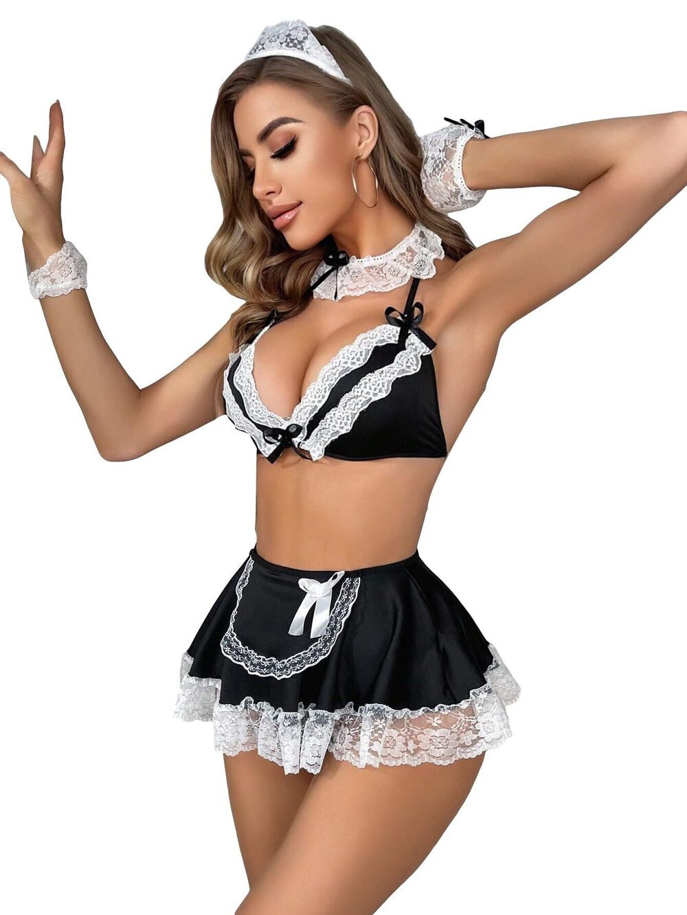 3214 7 Piece Contrast Lace Maid Costume Low Rise Mini Dress Lingerie Set